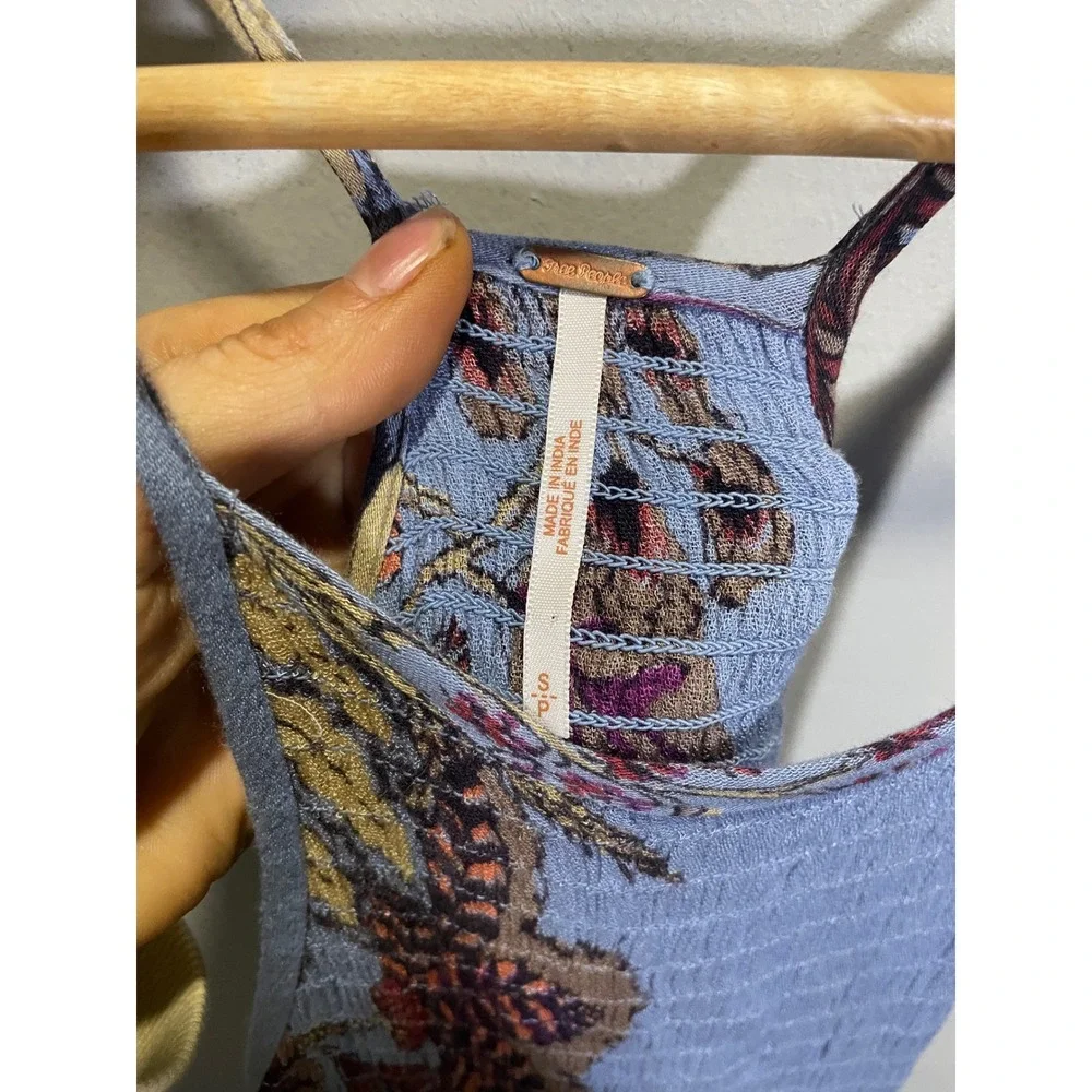 Free People Midi Dress Womens Small Blue Floral Smocked‎ Boho Summer
